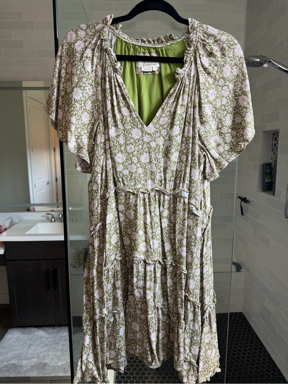 Anthropologie Green and White Floral Tiered V-Neck Mini Dress